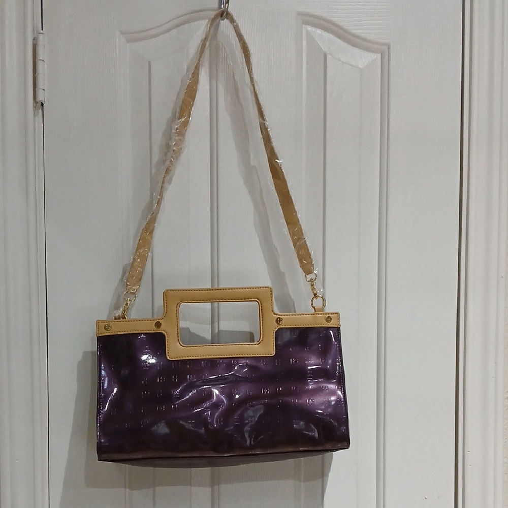 Glossy Purple and Tan Shoulder Bag with Wooden Frame